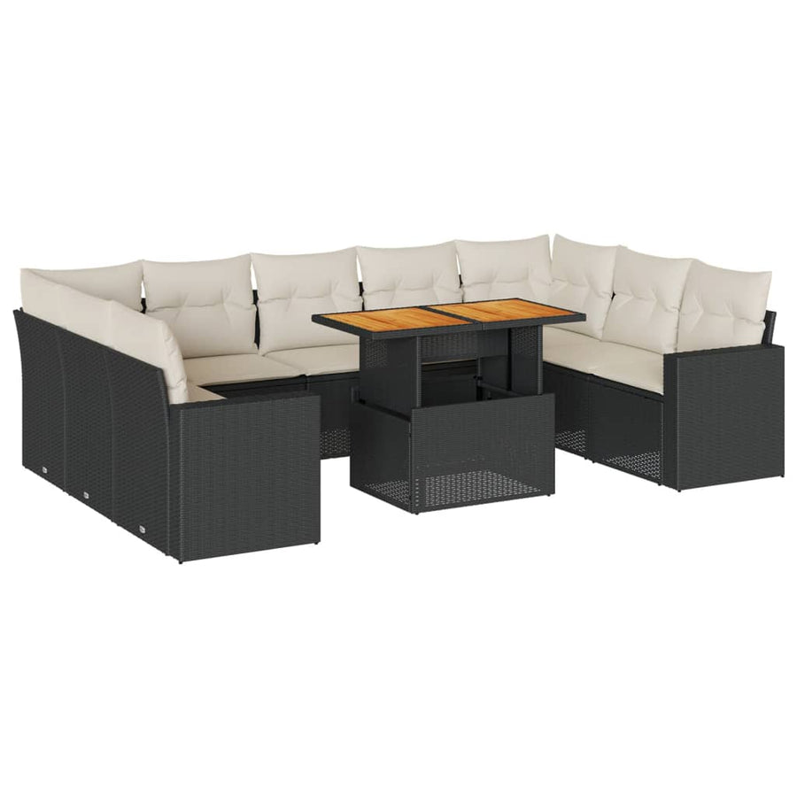 10-delige Loungeset met kussens poly rattan zwart