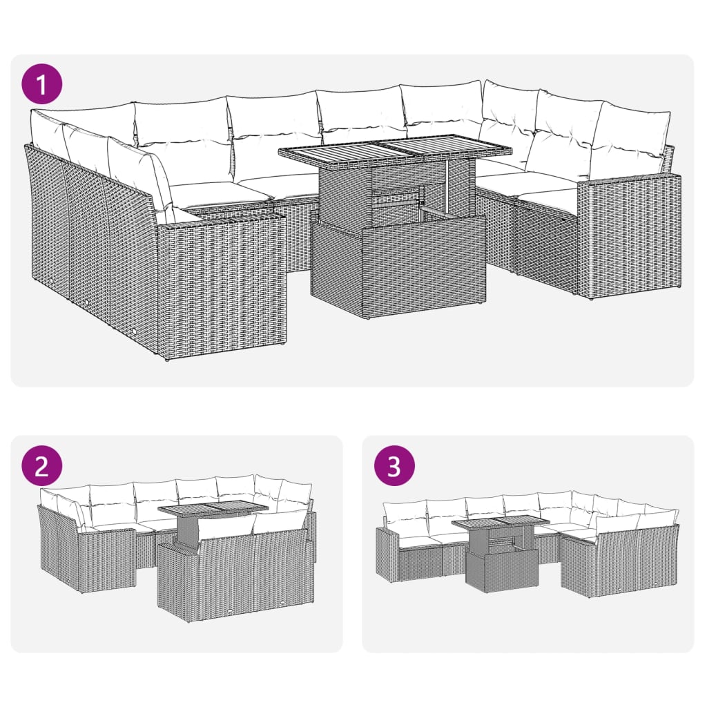 10-delige Loungeset met kussens poly rattan zwart