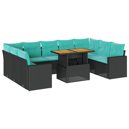 10-delige Loungeset met kussens poly rattan zwart