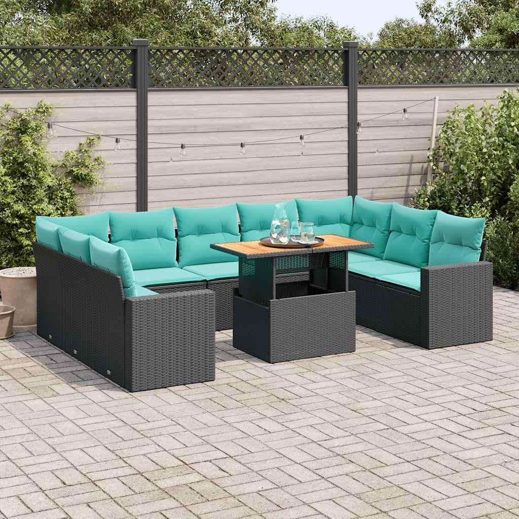 10-delige Loungeset met kussens poly rattan zwart