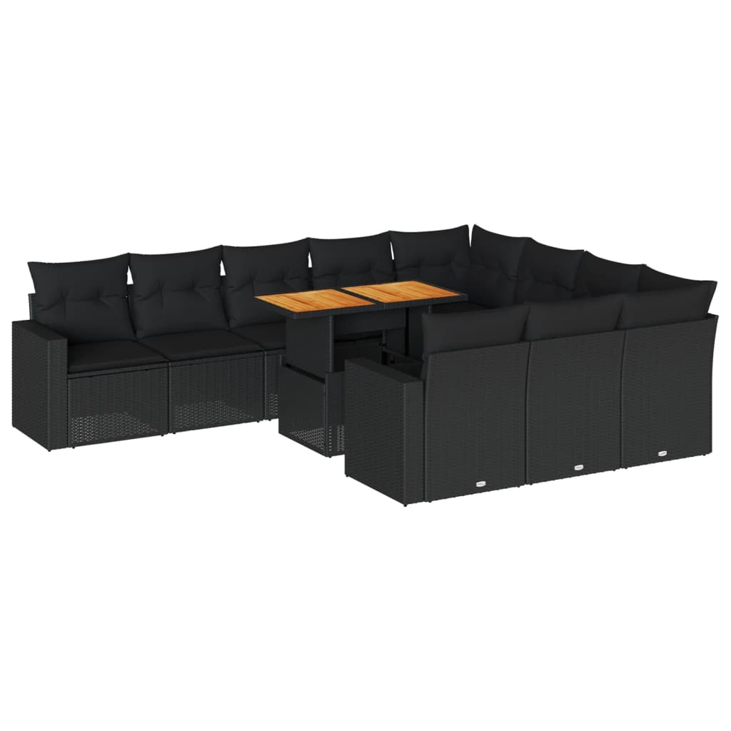 11-delige Loungeset met kussens poly rattan zwart