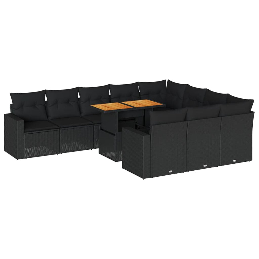 11-delige Loungeset met kussens poly rattan zwart