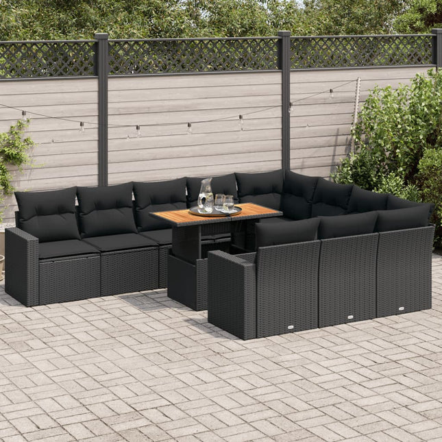 11-delige Loungeset met kussens poly rattan zwart