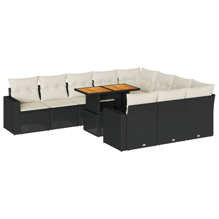 11-delige Loungeset met kussens poly rattan zwart