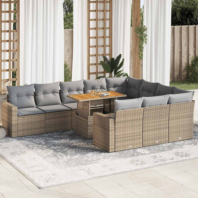 11-delige Tuinset met kussens poly rattan beige