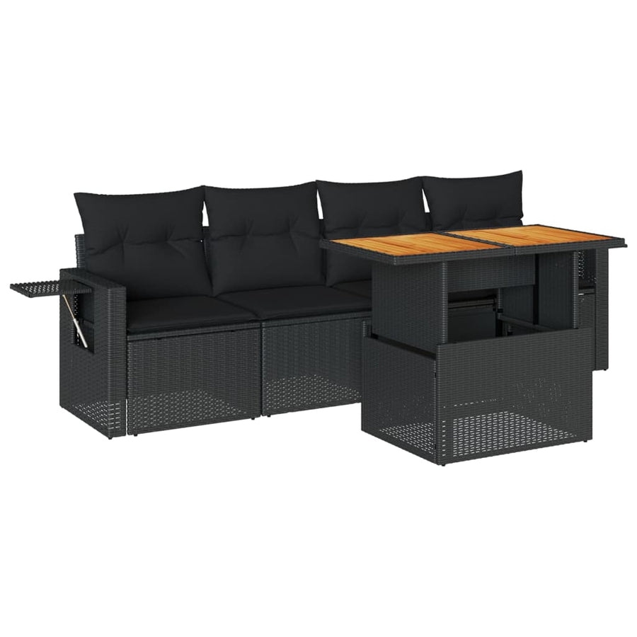 5-delige Loungeset met kussens poly rattan zwart