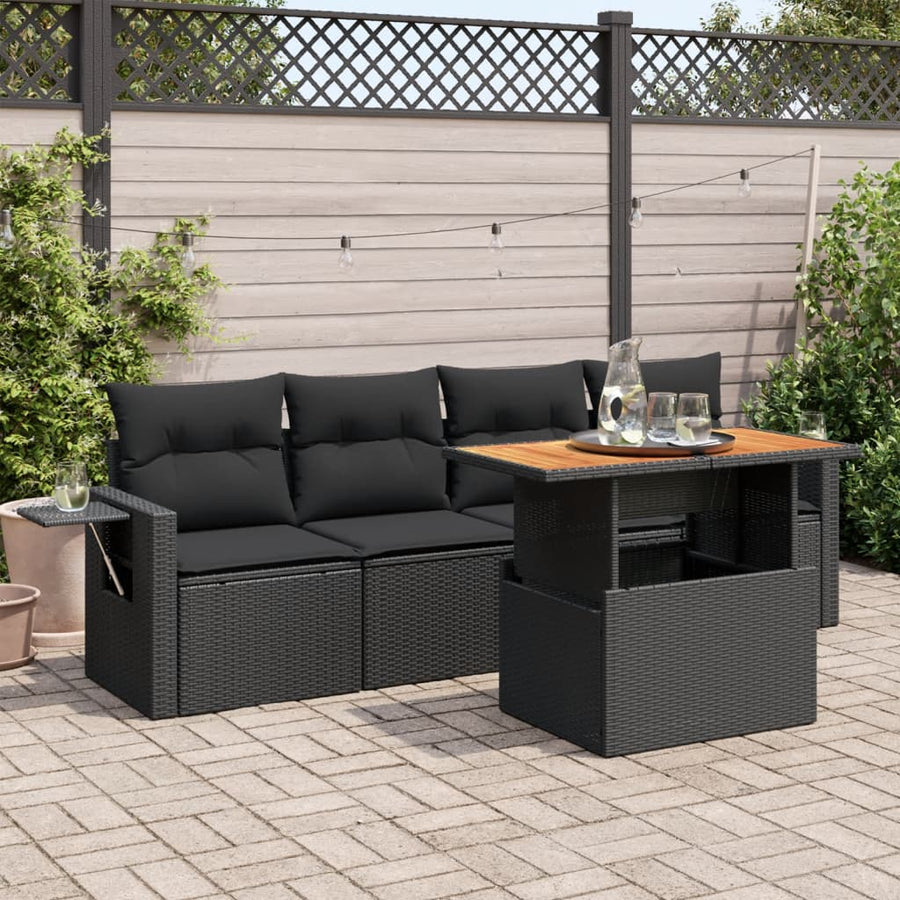 5-delige Loungeset met kussens poly rattan zwart