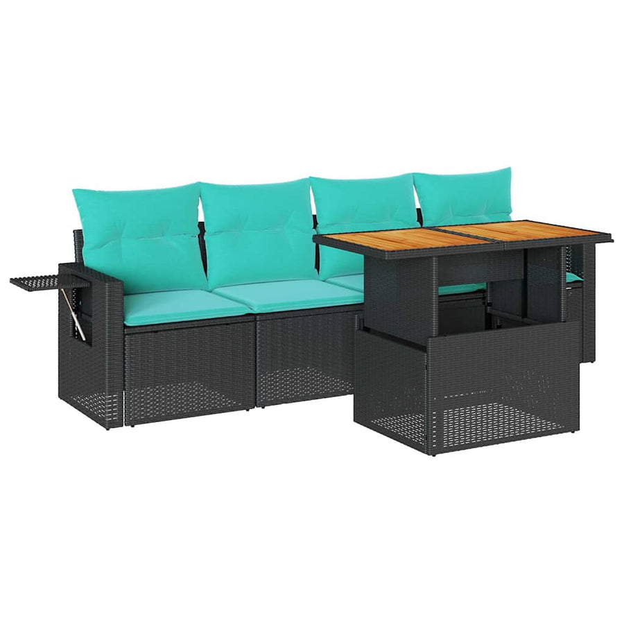 5-delige Loungeset met kussens poly rattan zwart