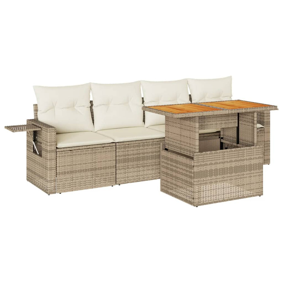 5-delige Loungeset met kussens poly rattan beige