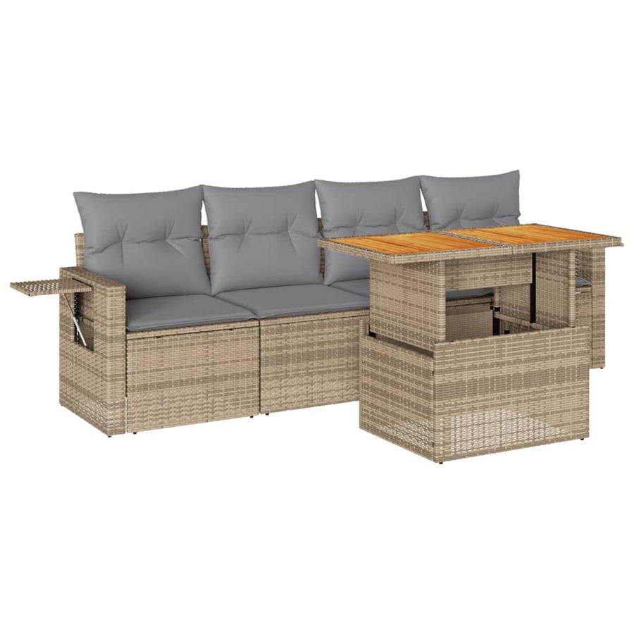 5-delige Loungeset met kussens poly rattan beige