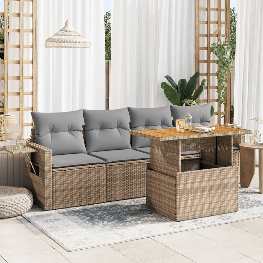 5-delige Loungeset met kussens poly rattan beige