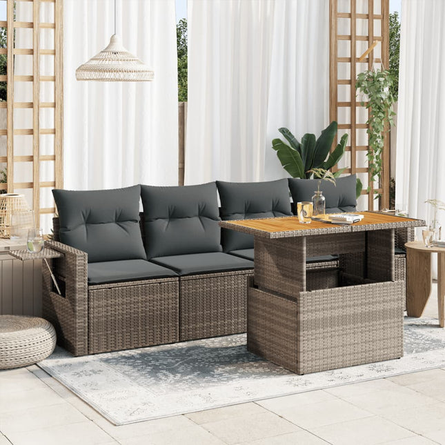 5-delige Loungeset met kussens poly rattan grijs