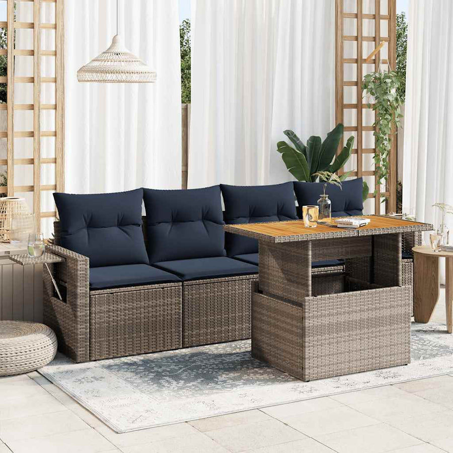 5-delige Loungeset met kussens poly rattan grijs