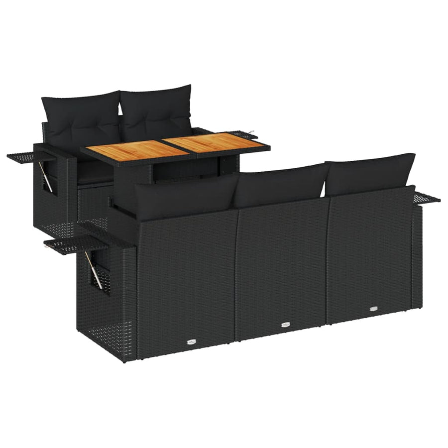 6-delige Loungeset met kussens poly rattan zwart