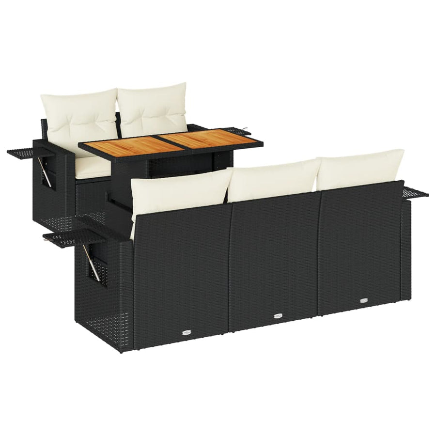 6-delige Loungeset met kussens poly rattan zwart
