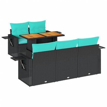 6-delige Loungeset met kussens poly rattan zwart