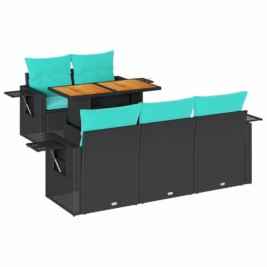6-delige Loungeset met kussens poly rattan zwart