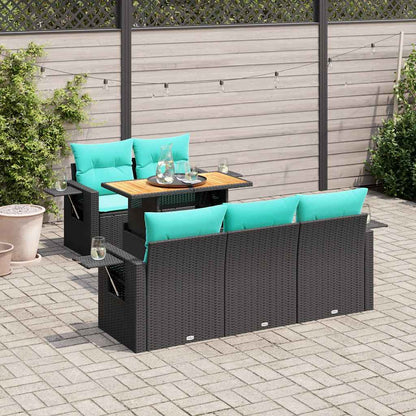 6-delige Loungeset met kussens poly rattan zwart