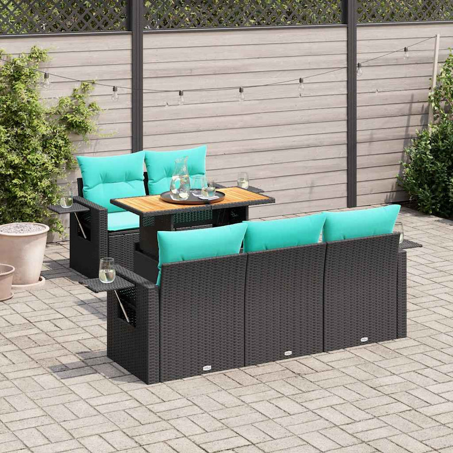 6-delige Loungeset met kussens poly rattan zwart