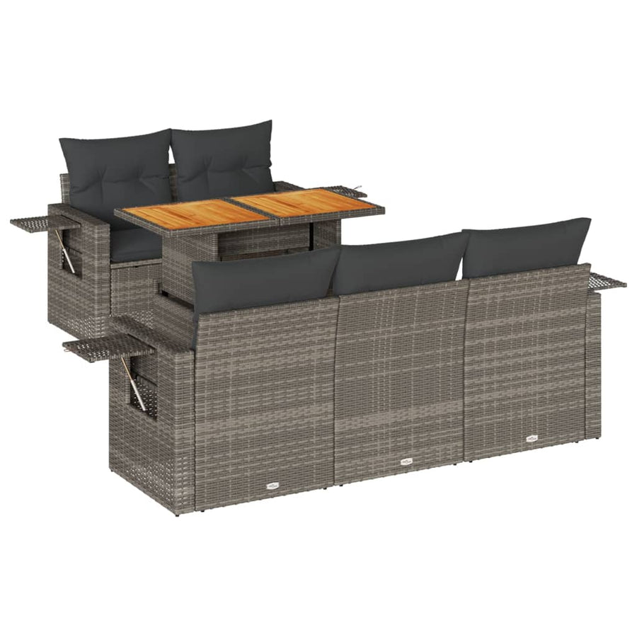 6-delige Loungeset met kussens poly rattan grijs