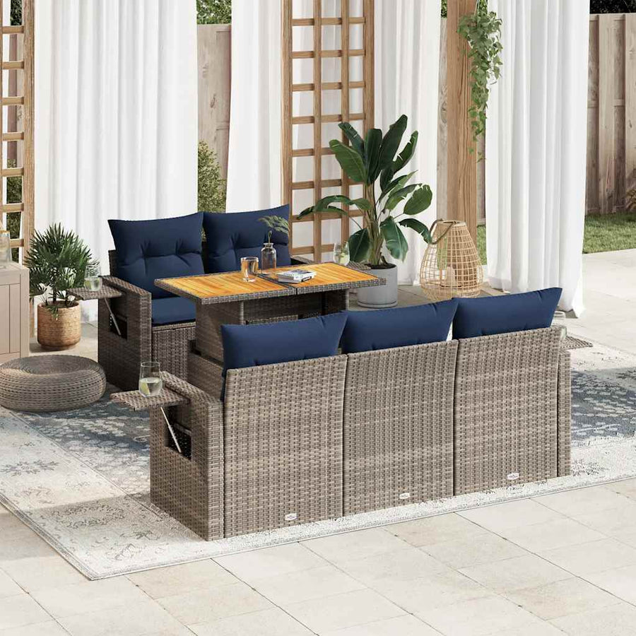 6-delige Loungeset met kussens poly rattan grijs