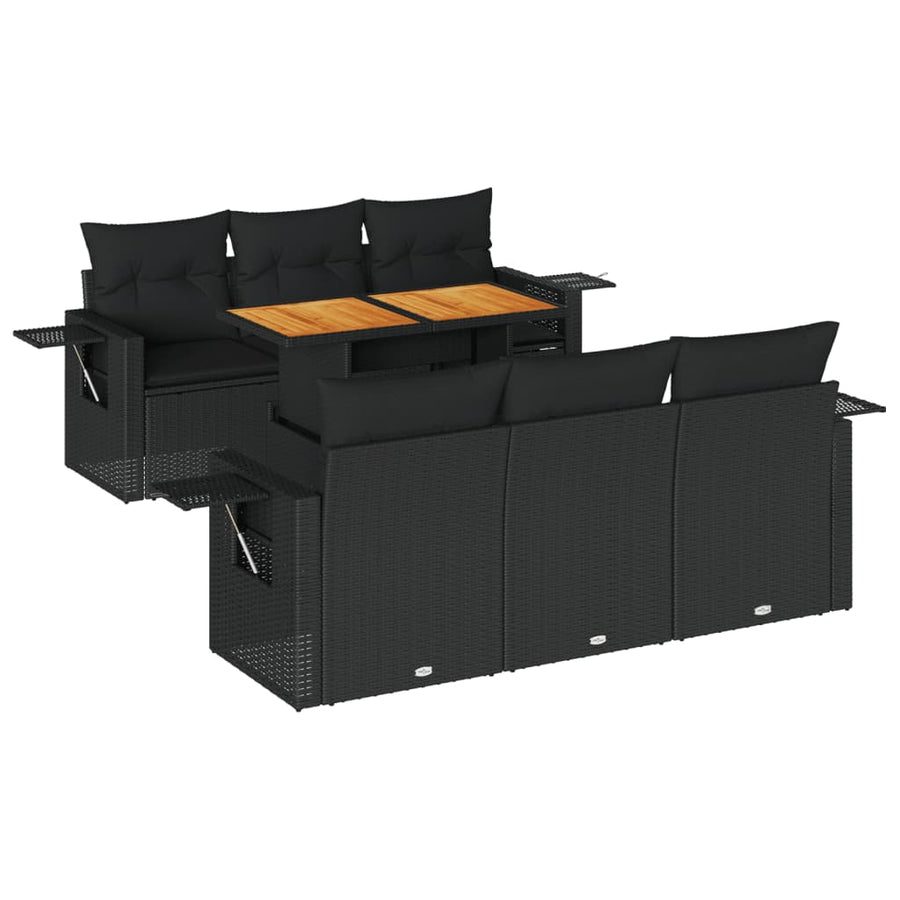 7-delige Loungeset met kussens poly rattan zwart