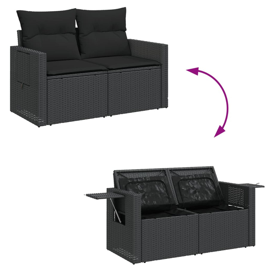 7-delige Loungeset met kussens poly rattan zwart