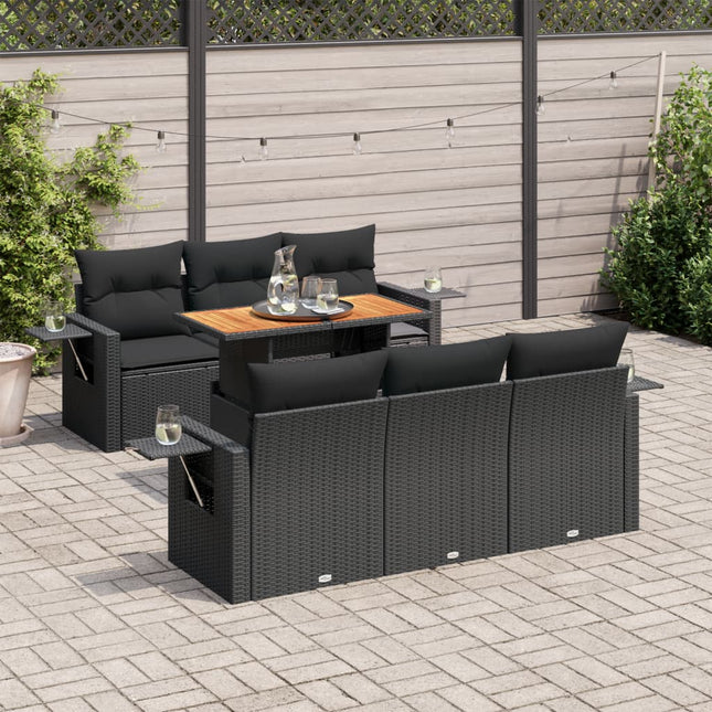 7-delige Loungeset met kussens poly rattan zwart