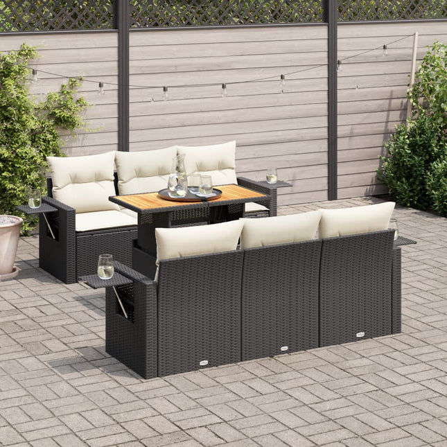 7-delige Loungeset met kussens poly rattan zwart