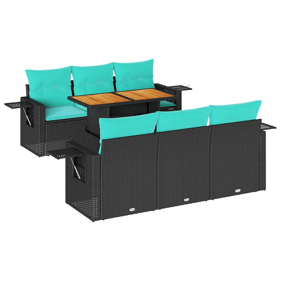 7-delige Loungeset met kussens poly rattan zwart