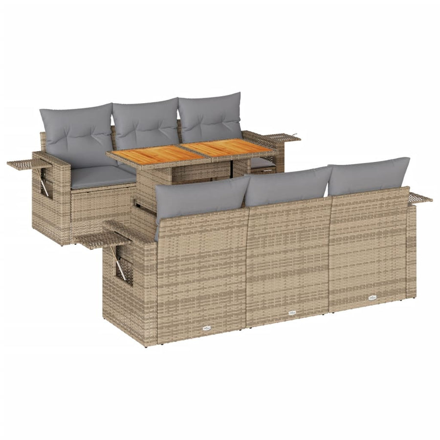 7-delige Loungeset met kussens poly rattan beige