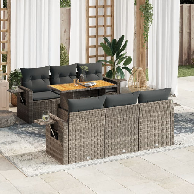 7-delige Loungeset met kussens poly rattan grijs