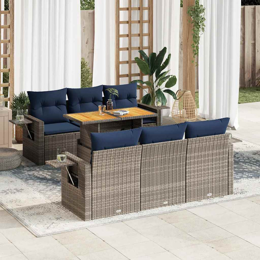 7-delige Loungeset met kussens poly rattan grijs