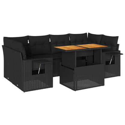 7-delige Loungeset met kussens poly rattan zwart