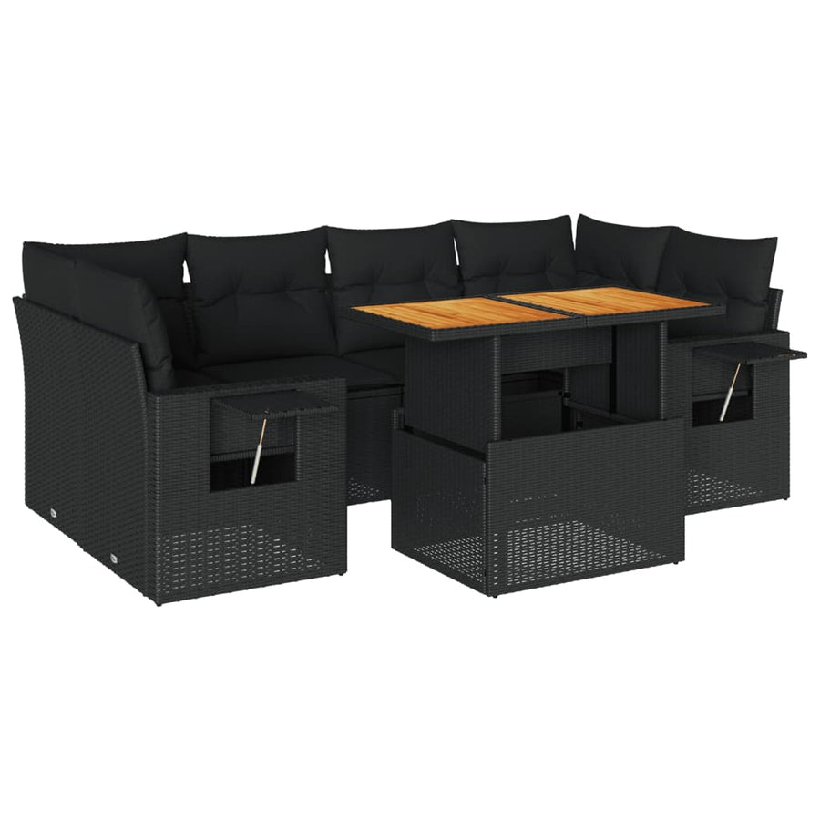 7-delige Loungeset met kussens poly rattan zwart