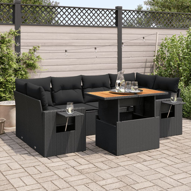 7-delige Loungeset met kussens poly rattan zwart