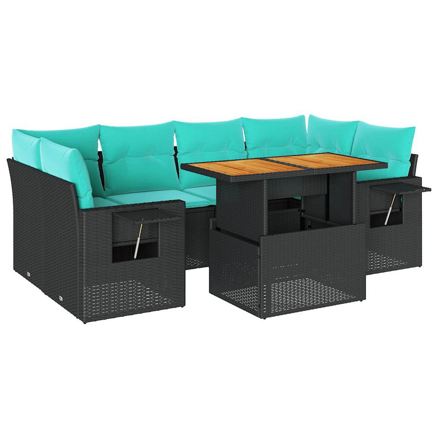 7-delige Loungeset met kussens poly rattan zwart