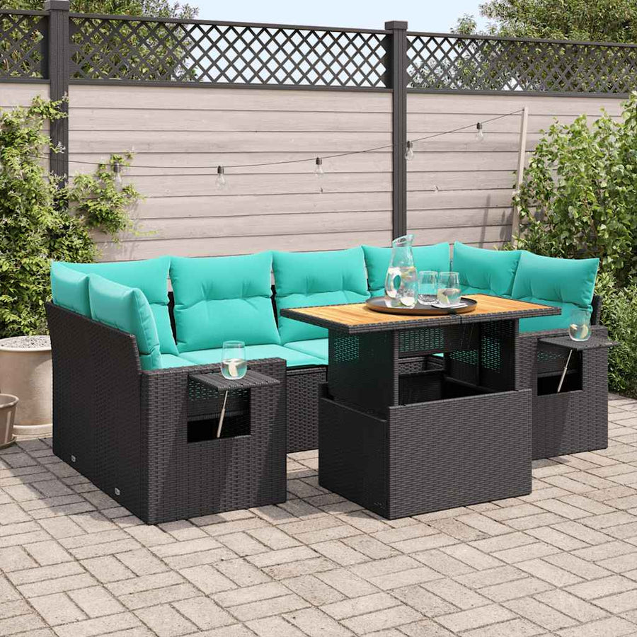 7-delige Loungeset met kussens poly rattan zwart