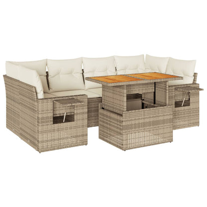 7-delige Loungeset met kussens poly rattan beige
