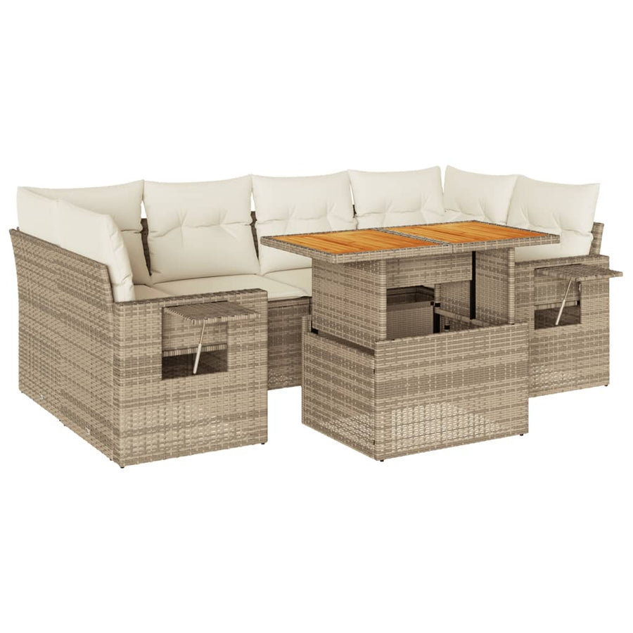 7-delige Loungeset met kussens poly rattan beige