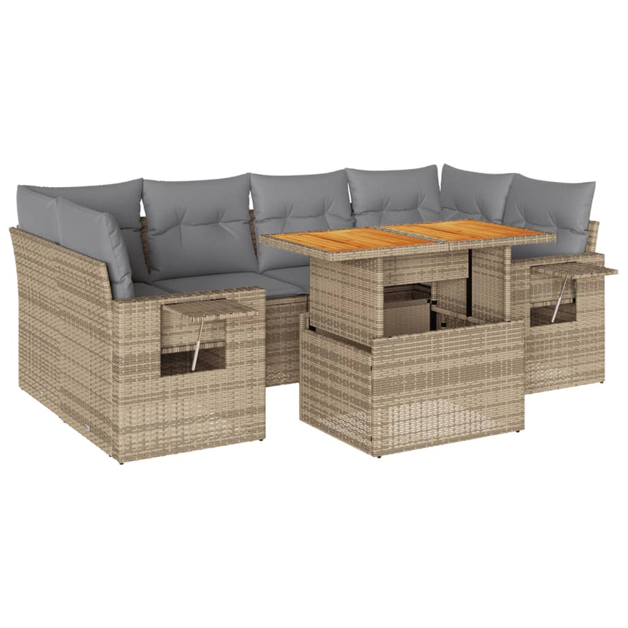 7-delige Loungeset met kussens poly rattan beige
