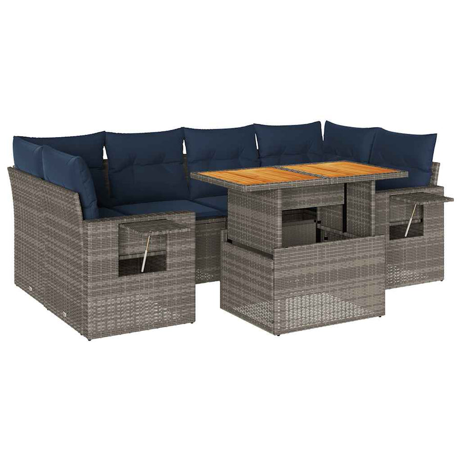 7-delige Loungeset met kussens poly rattan grijs