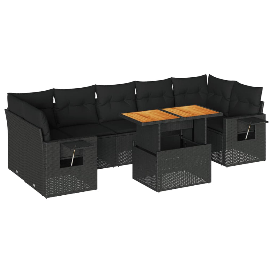 8-delige Loungeset met kussens poly rattan zwart