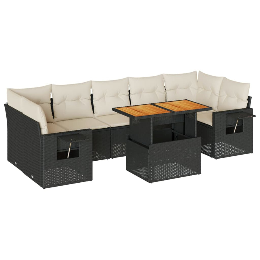 8-delige Loungeset met kussens poly rattan zwart