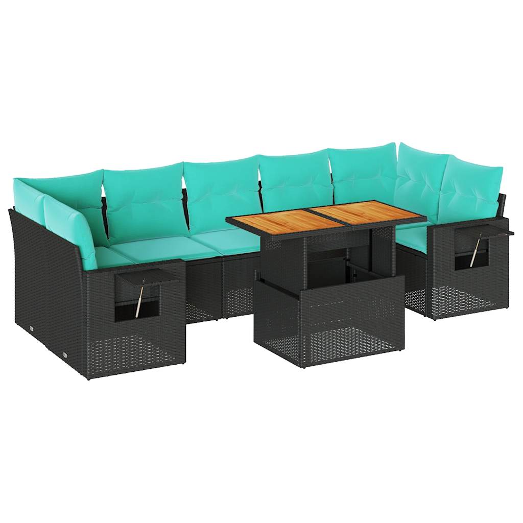 8-delige Loungeset met kussens poly rattan zwart