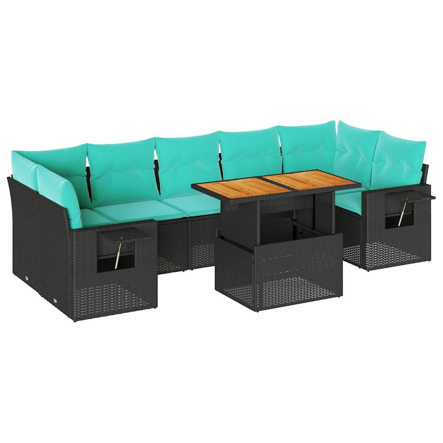 8-delige Loungeset met kussens poly rattan zwart