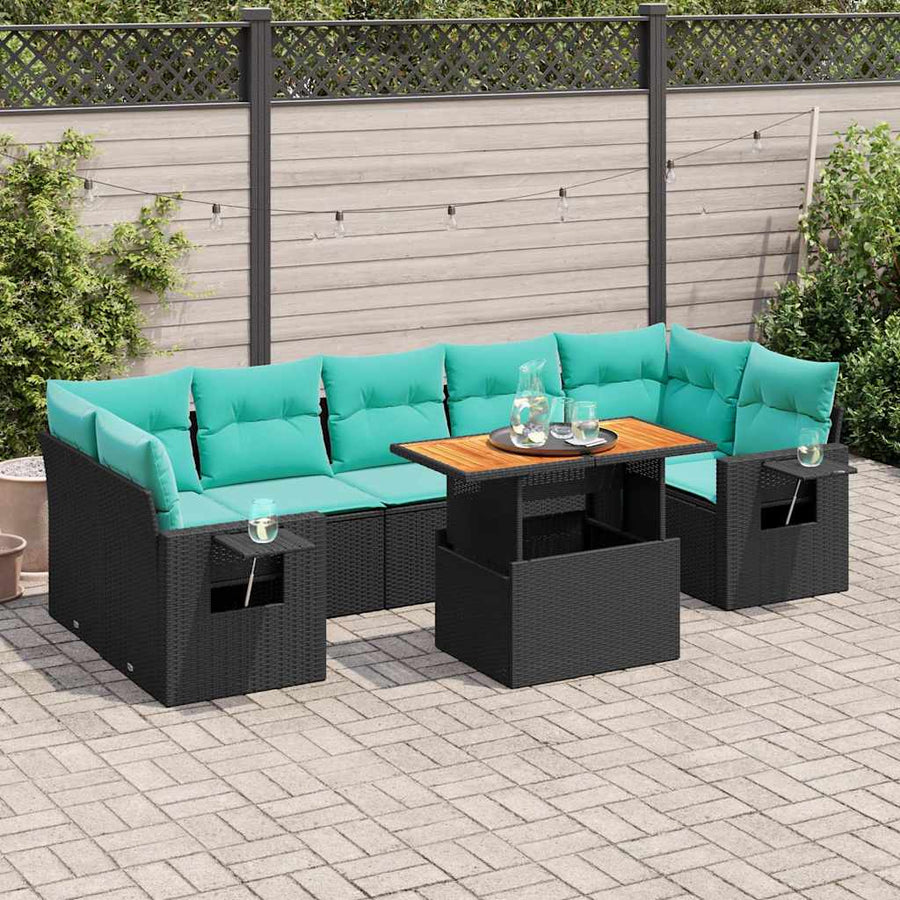 8-delige Loungeset met kussens poly rattan zwart