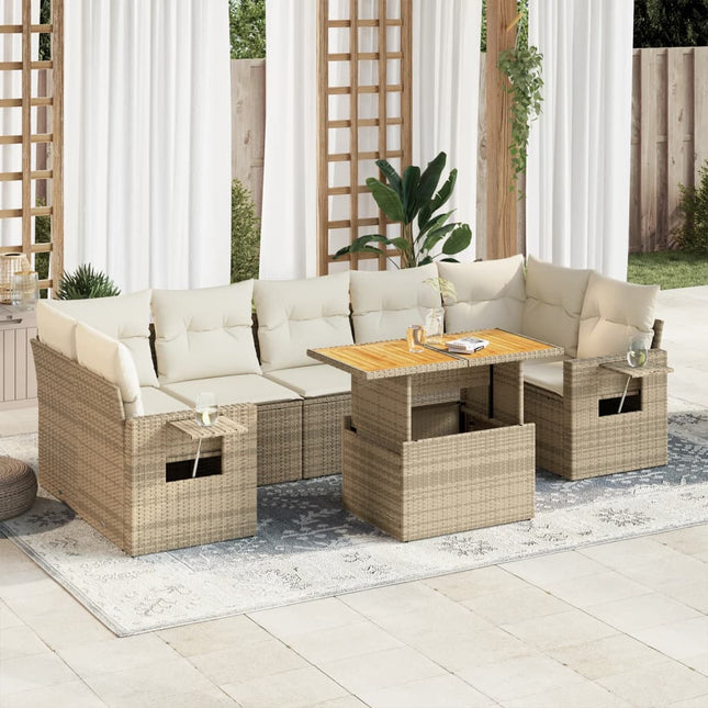 8-delige Loungeset met kussens poly rattan beige