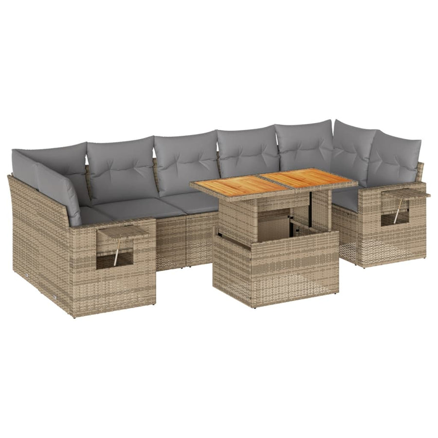 8-delige Loungeset met kussens poly rattan beige