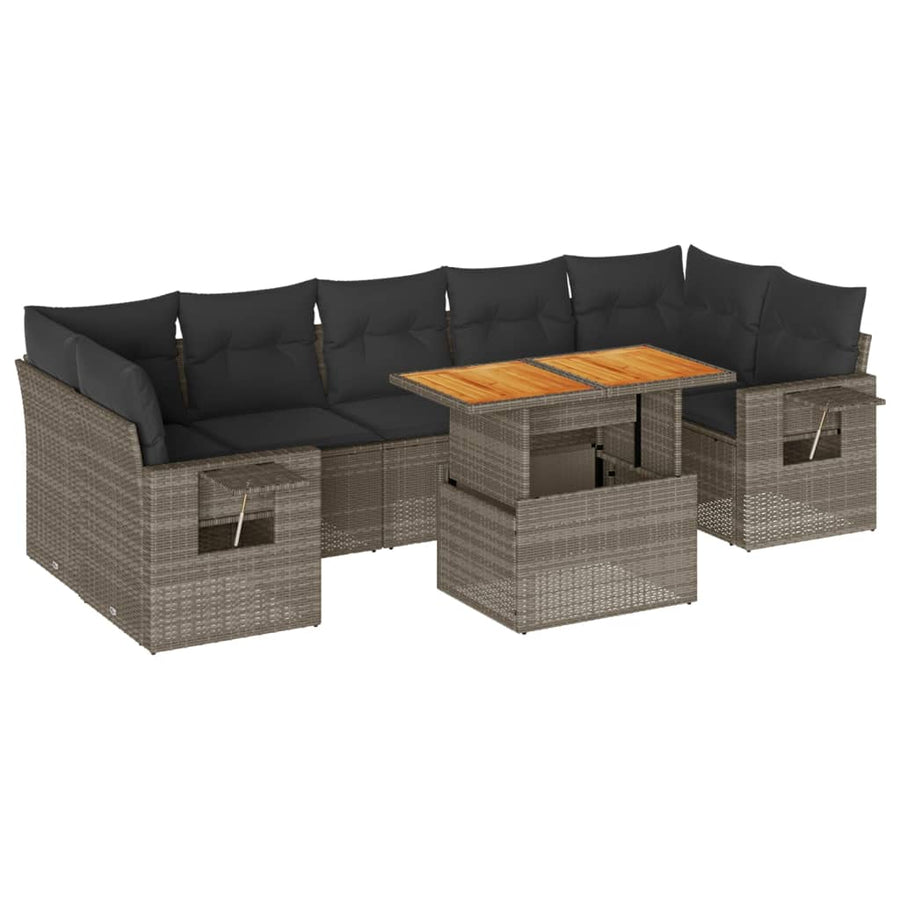 8-delige Loungeset met kussens poly rattan grijs